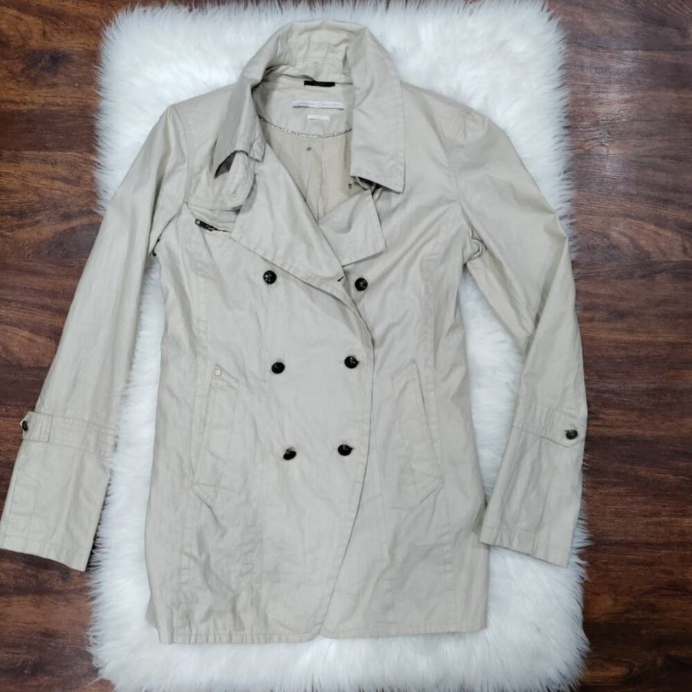 IKKS Women's Beige Laminated Linen Double-Breasted Trench Coat Size Medium - Picture 3 of 16